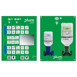 Plum 4770 Augen-Notfallstation mit 2 Flaschen, 1x200ml pH Neutral und 1x500ml Augenspüllösung und separater Piktogrammtafel mit Spiegel