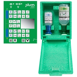 Plum 4789 Augen-Notfallstation in Wandbox mit 2 Flaschen, 1x200ml pH Neutral und 1x500ml Augenspüllösung und separater Piktogrammtafel mit Spiegel, an Arbeitsplätzen geeignet, wo Säuren, Alkali sowie Fremdkörper in das Auge gelangen können und wo Staub und Schmutz anfallen