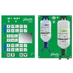 Plum 4803 Augen-Notfallstation DUO mit 2 Flaschen, 1x500ml pH neutral DUO (4,9% Phosphatpufferlösung), 1x1L Augenspüllösung DUO (0,9% Natriumchloridlösung), ausgestattet mit Augenaufsatz zum gleichzeitigen Spülen beider Augen, mit separater Piktogrammtafel mit Spiegel