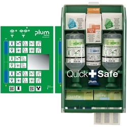 Plum 5175 QuickSafe Box Food Industry Kunststoff Wandbox mit Klappdeckel inkl. 2x500ml Augenspülflaschen mit steriler 0,9% Natriumchloridlösung, 1x200ml Augenspülflasche pH Neutral, 20 Stück QuickClean Wundreinigstücher, 18 Stück QuickCool Verbrennungsgel, 1 Set QuickStop Wundverbände, 1 QuickFix Pflasterrefill mit 30 Stück Fingerverbänden Long, 1 QuickFix Pflasterrefill mit 45 Stück Pflastern, in