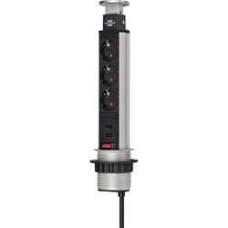 Brennenstuhl Tower Power, Tischsteckdosenleiste 3-fach (versenkbare Steckdosenleiste, 2-fach USB, 2m Kabel, komplett in Tischplatte versenkbar) silber/schwarz Nr. 1396200013