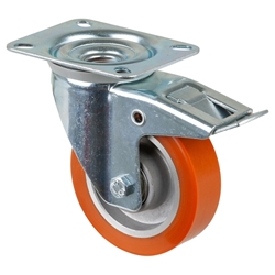 Lenkrolle, Rad Ø 100mm, Guss-Polyurethan orange 95+/-3 Shore A, Radb. 30mm, BH 128mm, Kugellager, Radk. Aluminium, mit Platte, PG 104x80mm, Tragkr. 125kg Nr. L420.B90.100